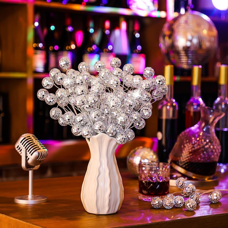 Knitgrip 20 Pcs Disco Balls Party Decorations Disco Ball Ornaments 2026 New Year Eve Party Silver Ornaments Glitter Mini Flower Picks Sticks Bulk 14 Inch Planter Vases Glitter Stems for Crafts - Image 1